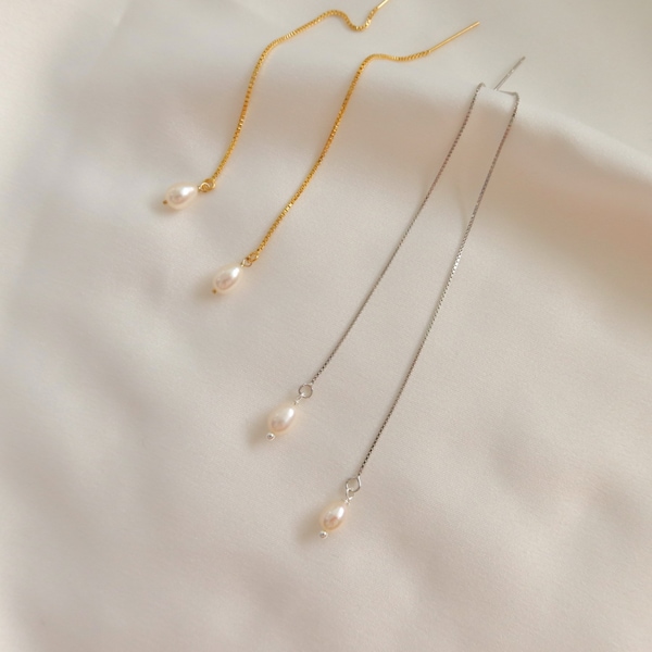 14k Gold Filled Pearl Threader Earring - Freshwater Pearl Threaders - Gold Box Chain Earrings - Bridesmaids Gift - Bridal Earrings Wedding