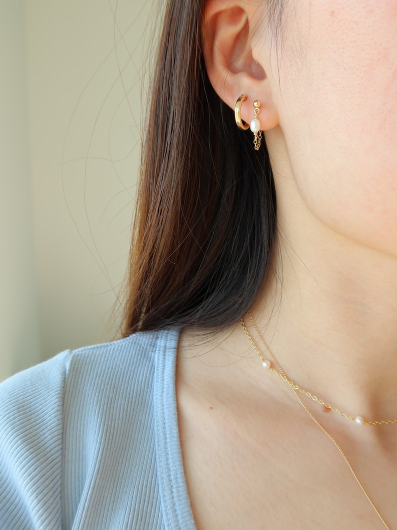 Stella Pearl Chain Earring Gold Filled Chain Earring Studs with Pearl Gold Chain and Pearl Earring Gift for Her image 3