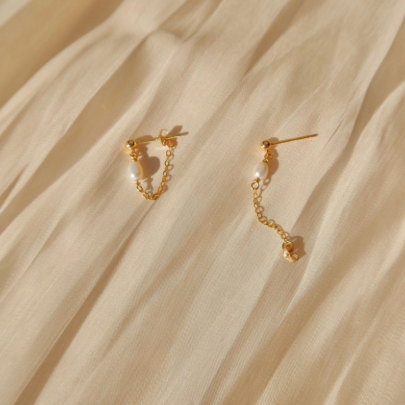 Stella Pearl Chain Earring Gold Filled Chain Earring Studs with Pearl Gold Chain and Pearl Earring Gift for Her image 5