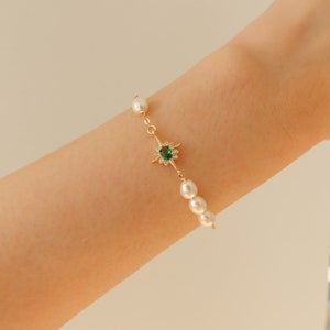 Olive Star Bracelet - 14k Gold Filled Bracelet - Green Cubic Zirconia Bracelet - Freshwater Pearl Bracelet - Gift for Her