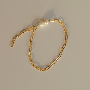 14k Gold Filled Link Chain Bracelet Dual Pearl Bracelet Paper Clip Chain and Pearl Bracelet Chunky Link Chain Bracelet Gift for her image 6