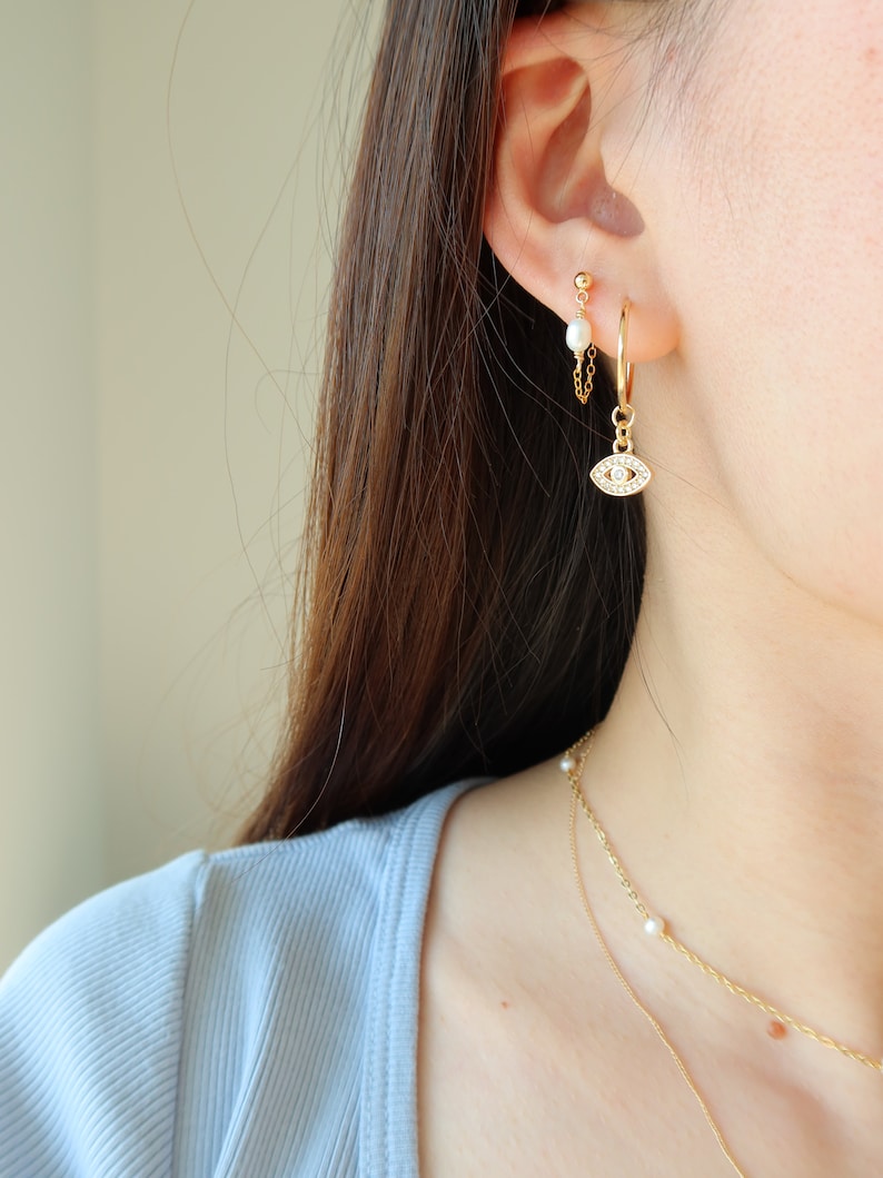 Stella Pearl Chain Earring Gold Filled Chain Earring Studs with Pearl Gold Chain and Pearl Earring Gift for Her image 4