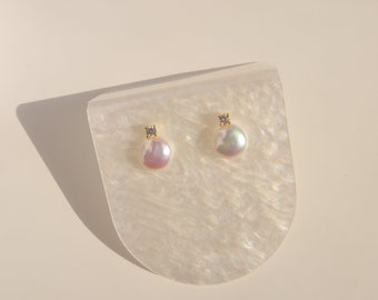 Eleanor Pearl Studs - Baroque Button Pearl Ear Studs - CZ Diamond Earring - Bridal Earrings - Wedding Jewelry - Gift For Her