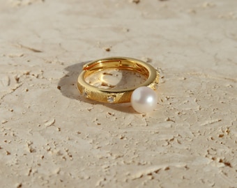 Anillo Soleil Pearl - Perla de agua dulce - Anillo texturizado tallado a mano - Anillo de oro vermeil - Plata de ley - Regalo de cumpleaños - Piedra de nacimiento de junio