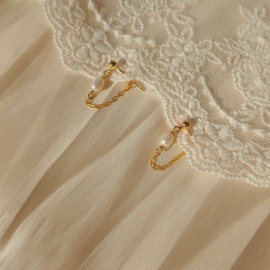 Stella Pearl Chain Earring Gold Filled Chain Earring Studs with Pearl Gold Chain and Pearl Earring Gift for Her image 2