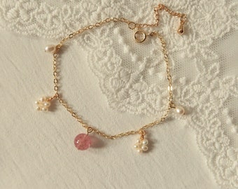 Strawberry Crystal And Pearl Bracelet - 14k Gold Filled Pink Crystal Bracelet - Pearl Flower Bracelet