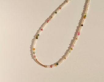 Tourmaline & Pearl Necklaces - Pearl Beaded Choker - Rainbow Tourmaline Crystals -Small Pearl Bead Necklace- Mini Pearl Choker -Gift For Her