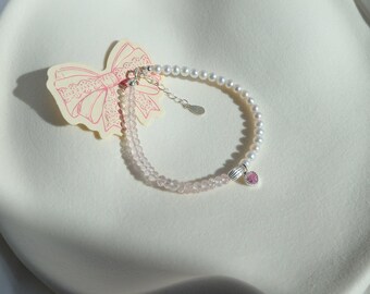 Pulsera Douceur de cuarzo rosa, pulsera con dije de corazón, cuarzo rosa de Madagascar, perlas de agua dulce, plata de ley, regalo romántico para ella.