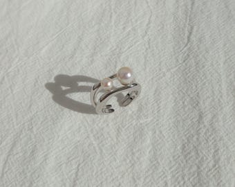 Dual Pearl Ring - Bold Silver Ring With Pearls - Gift For Her