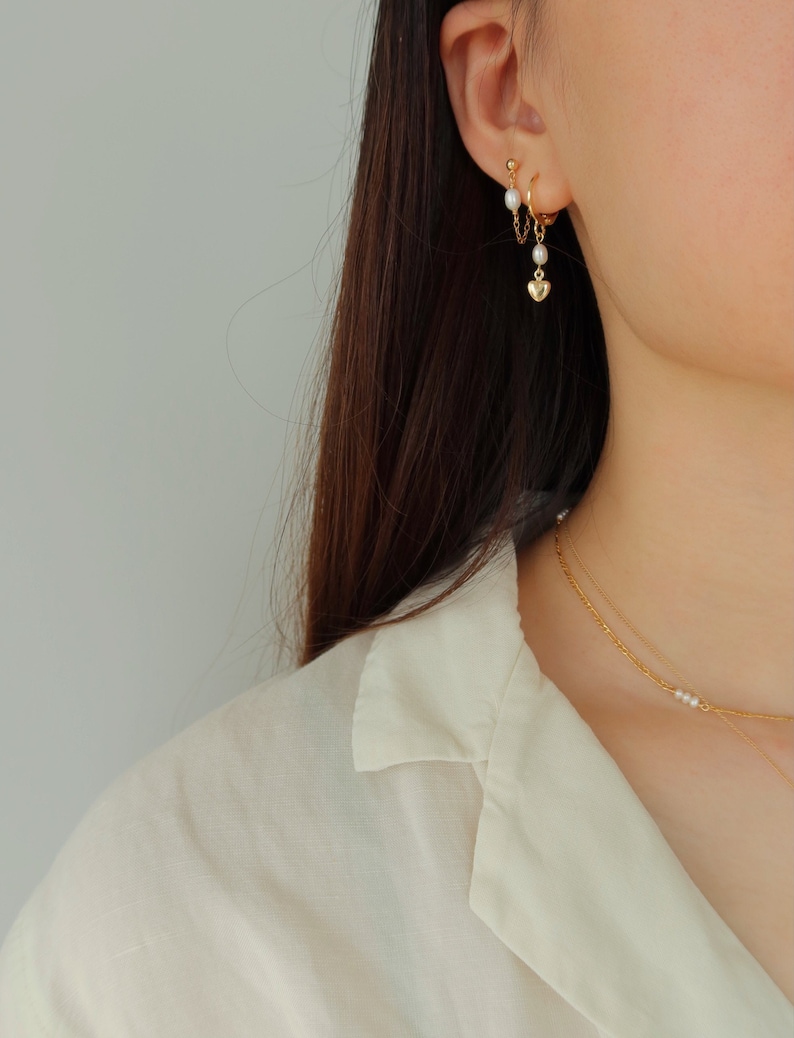 Stella Pearl Chain Earring Gold Filled Chain Earring Studs with Pearl Gold Chain and Pearl Earring Gift for Her image 1