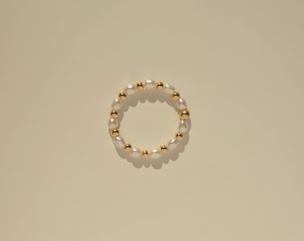 Reine - Pearl and Gold Bead Ring - Freshwater Pearl Beaded Ring - 14k Gold Filled Bead Ring - Gift for Her