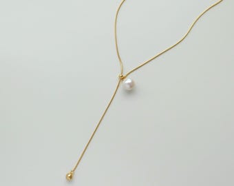 Collar de perlas de oro vermeil con lazo - Cadena de serpiente ajustable, collar en Y