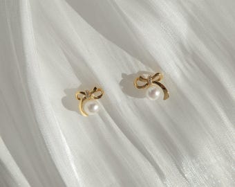 Pendientes de perla con lazo - Pendientes de perla con lazo - Regalo para ella - Pendientes de lazo de cinta - Perlas de agua dulce