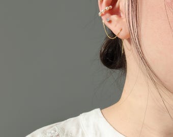 Pendiente tipo halo para la oreja - Pendiente trepador chapado en oro de 14k - Pendiente enhebrador - Pendiente de cartílago con perlas sin perforación - Pendiente de clip