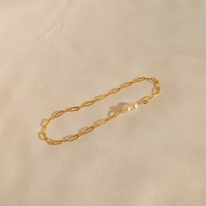 14k Gold Filled Link Chain Bracelet Dual Pearl Bracelet Paper Clip Chain and Pearl Bracelet Chunky Link Chain Bracelet Gift for her image 3