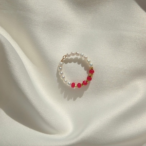 Ruby & Pearl Rings - Pearl Beaded Rings - Small Pearl Ring - Pearl And Ruby - Dainty Pearl Ring - Gift For Her - July Birthstone