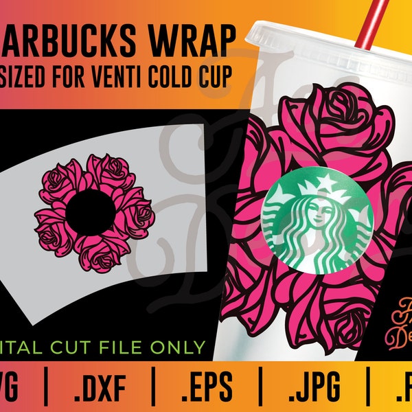 Envoltura de vaso de Starbucks con rosas SVG: Diseño floral (descarga digital)