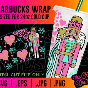 Envoltório de copo frio de quebra-nozes rosa - Envoltório de copo de férias de floco de neve de Natal SVG