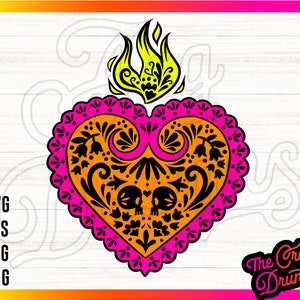 Sagrado Coração SVG - Caveira Floral Mexicana Sagrado Corazón, Coração Flamejante PNG