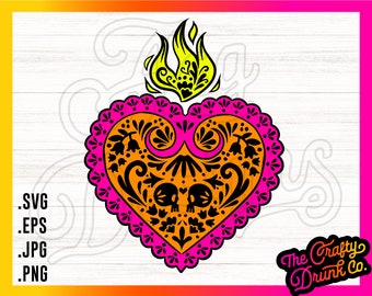 Cuore Sacro SVG - Teschio Floreale Messicano Sagrado Corazón, Cuore Fiammeggiante PNG