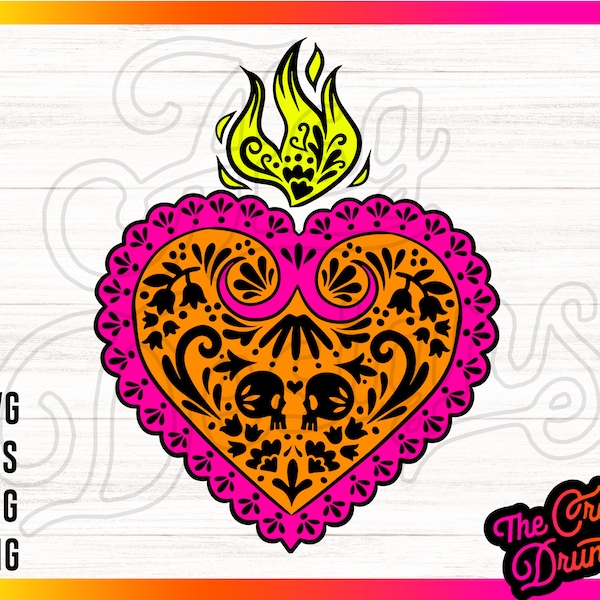 Sacred Heart SVG - Mexican Floral Skull Sagrado Corazón, Flaming Heart PNG