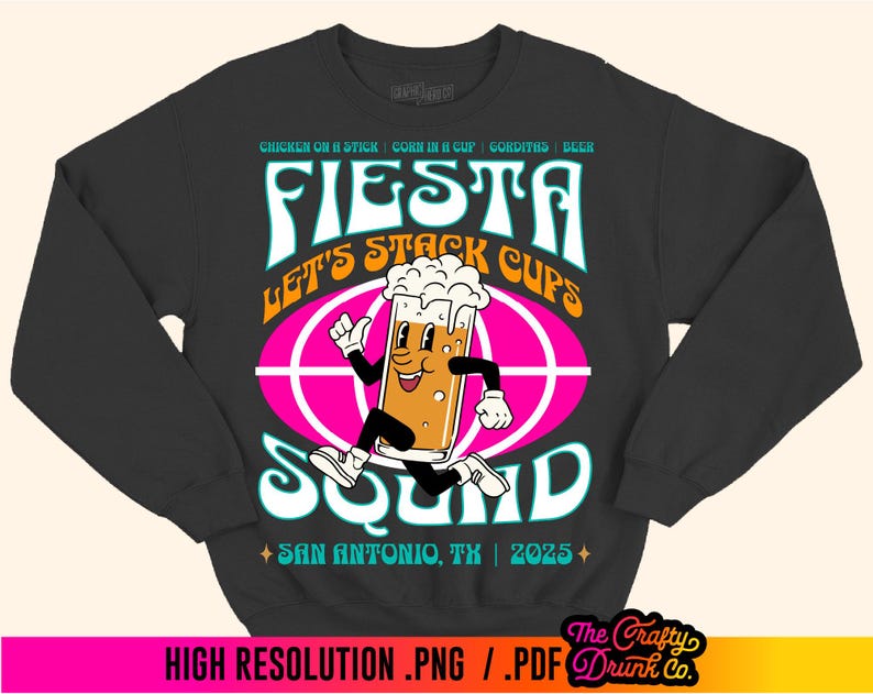 May include: Black sweatshirt with a pink, blue, and yellow graphic design. The graphic features a cartoon beer mug with a face and the text "Fiesta Let's Stack Cups Squad" and "San Antonio, TX | 2023".