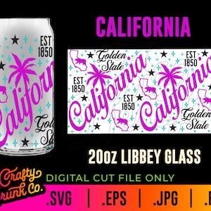 Emballage de canette de verre California Libbey - Emballage de canette de bière Cali 16 oz 20 oz, sublimation SVG et PNG