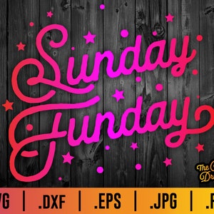 Może przedstawiać: Graficzny projekt w kolorze r&oacute;żowo-czerwonym z tekstem "Sunday Funday" na czarnym tle z drewna z r&oacute;żowymi gwiazdami.