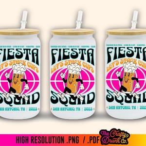 May include: Three white insulated tumblers with a bamboo lid and a straw. Each tumbler features a retro-style illustration of a cartoon beer mug with a smiling face running with the text "Fiesta Let's Stack Cups Squad" and "San Antonio, TX | 2025".
