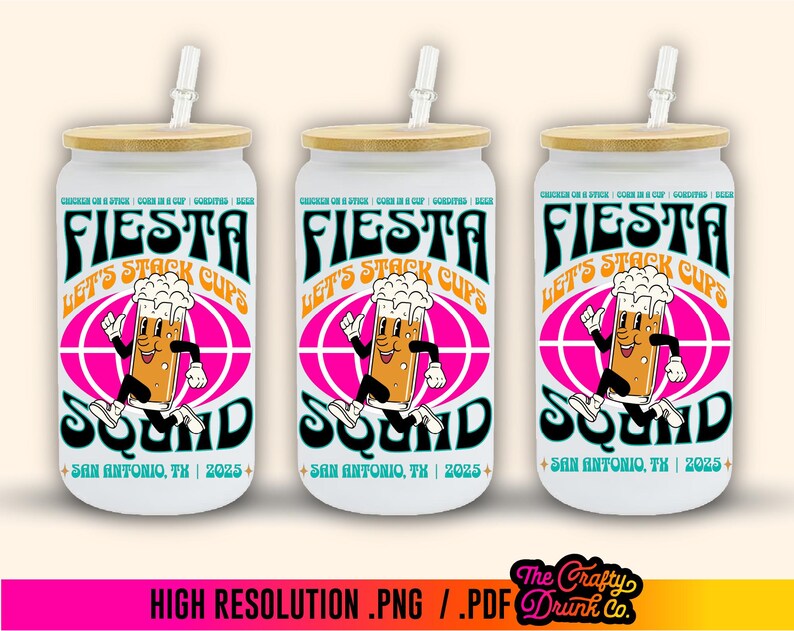 May include: Three white insulated tumblers with a bamboo lid and a straw. Each tumbler features a retro-style illustration of a cartoon beer mug with a smiling face running with the text "Fiesta Let's Stack Cups Squad" and "San Antonio, TX | 2025".