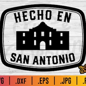 May include: A black and white graphic of the Alamo with the text "HECHO EN SAN ANTONIO". The design is within a black oval with a black border. File type extensions are shown at the bottom of the image.