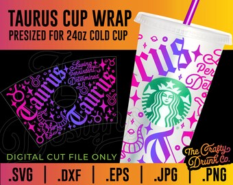 Può includere: Un file di taglio digitale per un involucro per tazza fredda da 24 once con un design rosa e viola con il segno zodiacale Toro e le parole "Taurus", "Loving", "Persistent", "Determined" e "The Crafty Drunk Co."