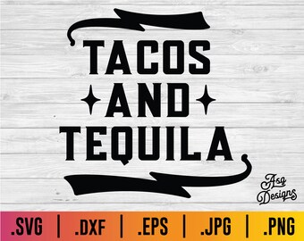 May include: Black and white graphic design with the text "TACOS +AND+ TEQUILA" in a bold font. The text is surrounded by two black arrows pointing in opposite directions. The text "Asg Designs" is in a smaller font below the arrows.
