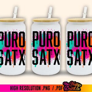 May include: Three white tumblers with bamboo lids and straws. Each tumbler features a black and white graphic of the words "PURO SATX" with colorful paint splatters in the background. The paint splatters are in shades of pink, orange, teal, and blue.