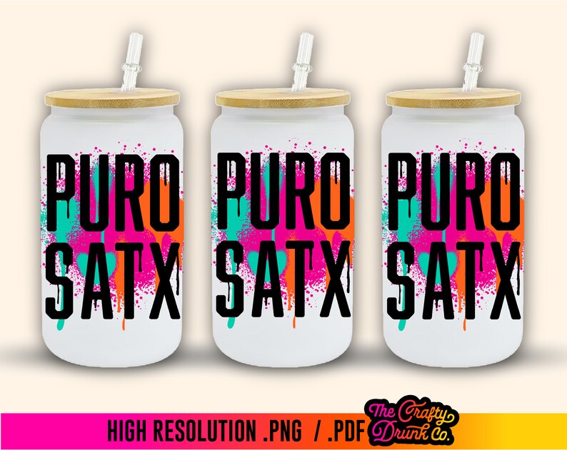 May include: Three white tumblers with bamboo lids and straws. Each tumbler features a black and white graphic of the words "PURO SATX" with colorful paint splatters in the background. The paint splatters are in shades of pink, orange, teal, and blue.