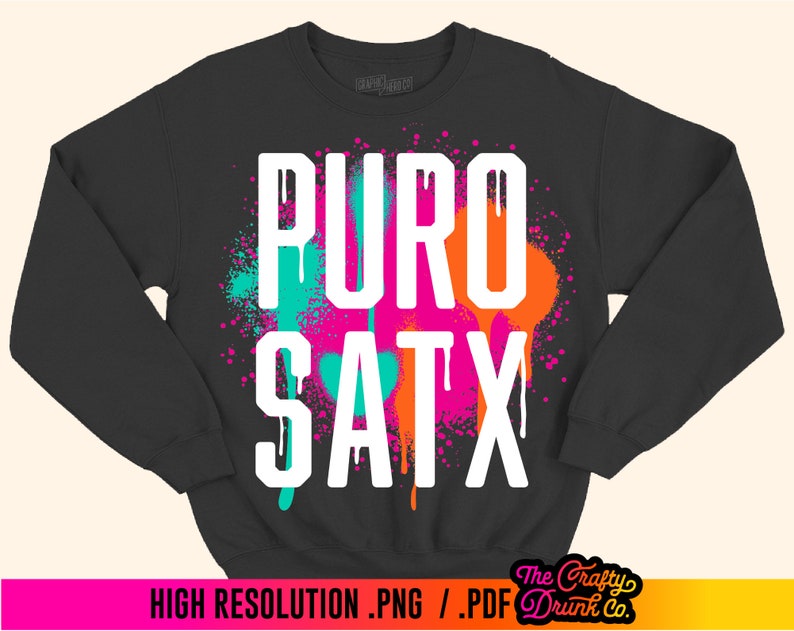 May include: Black sweatshirt with a white graphic design that says "PURO SATX" in a colorful paint splatter design.