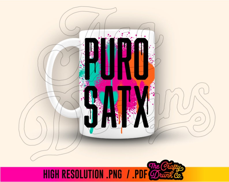 May include: White ceramic mug with a colorful paint splatter design. The text "PURO SATX" is printed in black on the mug.