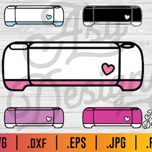May include: A set of four Cricut Explore Air 2 cutting machines in different colours: light blue, black, pink, and hot pink. Each machine has a heart design on the front.