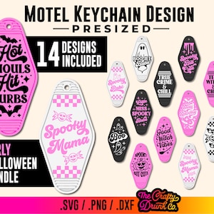 Paquete de diseño SVG de llavero de motel de Halloween: citas espeluznantes divertidas PNG, DXF, descargas digitales de llaveros retro