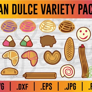May include: A variety pack of Pan Dulce, a traditional Mexican sweet bread, featuring different shapes and designs. The pack includes a pig, a heart, a croissant, a churro, a smiling face, and various types of Pan Dulce with different colored glazes and sprinkles.