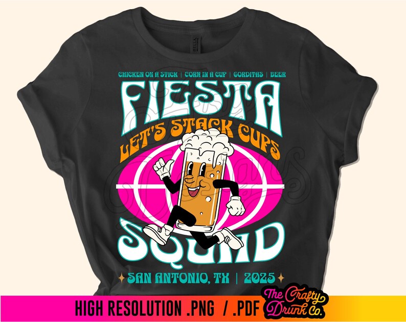 May include: Black t-shirt with a colorful graphic design featuring a cartoon beer mug running with the text "Fiesta Let's Stack Cups Sound" and "San Antonio, TX | 2025".