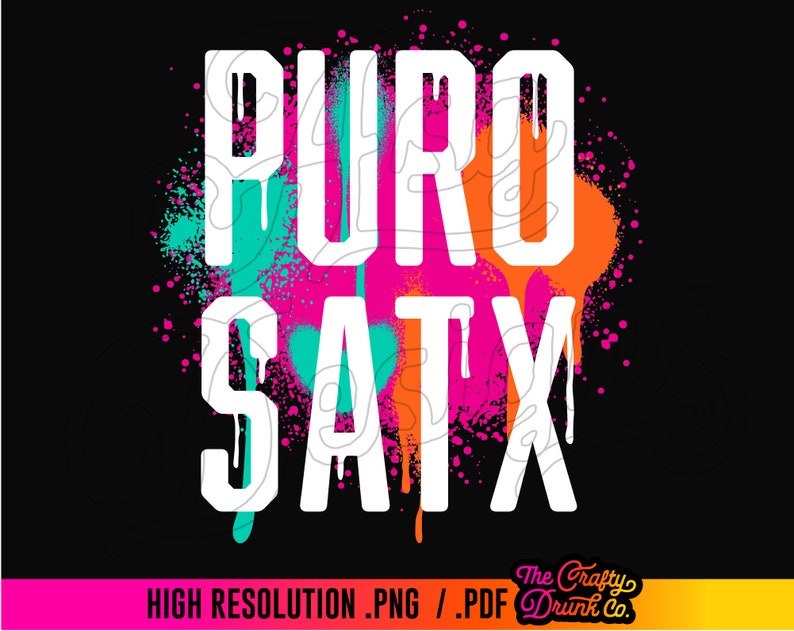 May include: A white graphic design with the text "PURO SATX" in a bold, stylized font. The text is surrounded by colorful paint splatters in shades of pink, orange, turquoise, and blue.