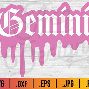 May include: White "Gemini" text in a gothic font with dripping pink paint. The text is on a white background.