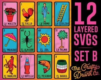 May include: A set of 12 colorful Loteria-style SVG designs. Each card features a unique illustration and Spanish text. The cards include images of a rooster, a woman, a ladder, an umbrella, a scorpion, a sun, a palm tree, a devil, a bottle, a fish, a barrel, and a pot of roses.