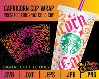 Può includere: Un file di taglio digitale per un involucro per tazza fredda da 24 oz con un design rosa e nero con il segno zodiacale Capricorno e le parole "Pratico, Ambizioso, Paziente". Il design include anche stelle e altri simboli astrologici. Il file è disponibile nei formati SVG, DXF, EPS, JPG e PNG.