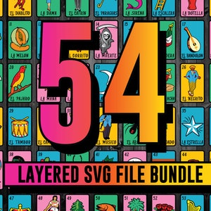 Designs de cartes Loteria PNG, bingo mexicain, sublimation et SVG, lot de 54 cartes Loteria en couches