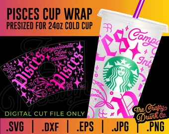 Puede incluir: Un archivo de corte digital para un envoltorio de vaso de Piscis, predimensionado para un vaso frío de 710 ml. El diseño rosa presenta la palabra "Piscis" en una fuente estilizada, estrellas y símbolos de peces. El envoltorio también incluye las palabras "Compassionate, Kind, Intuitive".