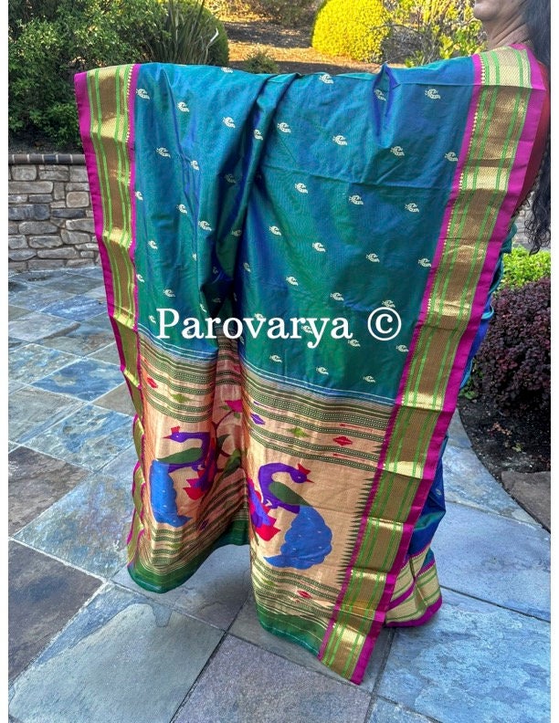 Parrot Green and Dark Blue color paithani sarees with temple border saree  design -PTNS0004419