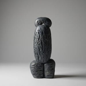 Puede incluir: Una escultura abstracta gris oscuro compuesta por formas redondeadas apiladas. La superficie texturizada sugiere un material orgánico rugoso. El diseño de la escultura es minimalista y moderno, centrado en la forma.