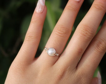 Freshwater Pearl Wire Wrapped Ring, Stackable, Dainty